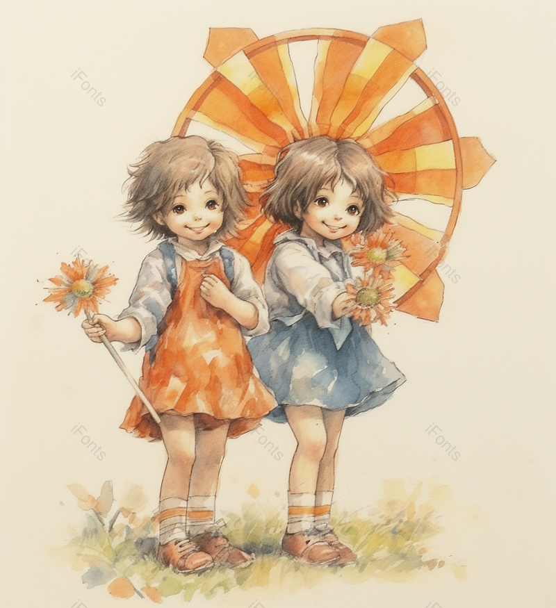 儿童兄妹同学朋友小朋友孩子菊花花束草地两人插画,插画/手绘图,插画/手绘图库,插画/手绘图下载,插画/手绘